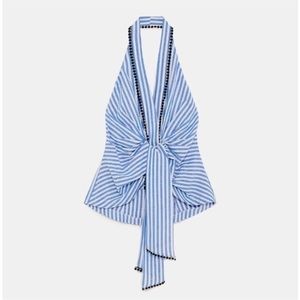 Zara Blue/White Striped Halter Wrap Top with Embroidery